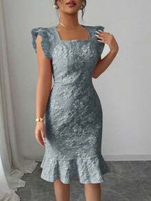 Vestido elegante de jacquard de cuello cuadrado y manga corta para uso diario, verano - Gris azul - Ver 5