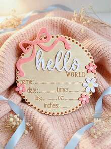 1件裝蝴蝶結與花朵裝飾圓形3D Hello World 木製出生公告牌，可客製化新生兒出生資訊姓名紀念牌，新生兒拍照道具，嬰兒洗禮歡迎派對紀念禮物，適用男孩與女孩 - 彩色 - 查看 3
