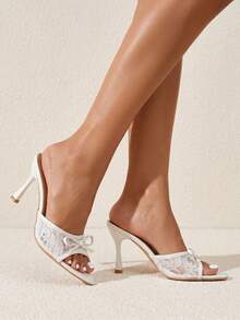 New Elegant Fashion Women's Lace Mesh Bow Pointed Toe Slip-On High Heel Mules, White & Pink Sandals (Paired With Irregular Pattern) - White - View 5