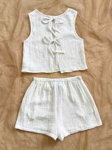 Top sin espalda con textura y lazo, holgado y casual para vacaciones, shorts casuales con elástico en la cintura y bolsillos, para playa y mar - Blanco 2 - Ver 2