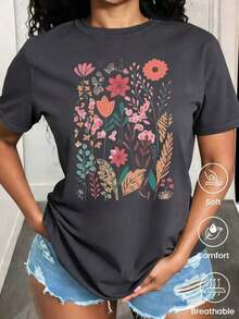 Short-Sleeved T-Shirt For Spring And Summer 2026, Made In Mexico, Cartoon Print, Couple Design, Suitable For Indoor Or Outdoor Wear. Crew Neck, Unisex, Ideal For Office And Leisure. - 深灰色 - 查看 1