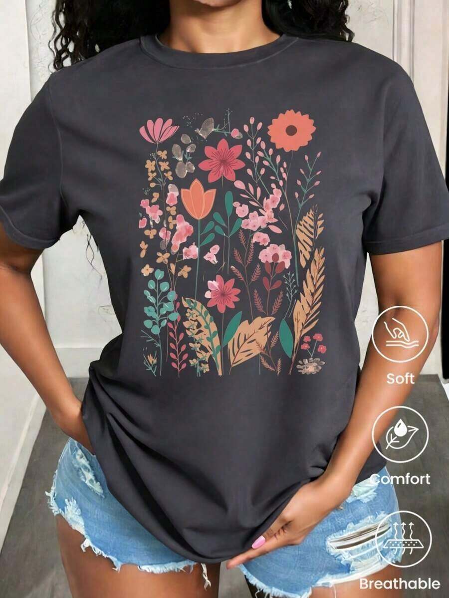 Short-Sleeved T-Shirt For Spring And Summer 2026, Made In Mexico, Cartoon Print, Couple Design, Suitable For Indoor Or Outdoor Wear. Crew Neck, Unisex, Ideal For Office And Leisure. - 深灰色 - 查看 1