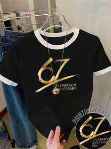Camiseta de manga corta con cuello redondo y estampado de criaturas marinas para mujer - Negro - Ver 3