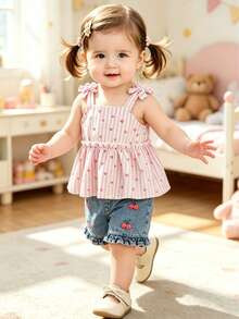 Baby Girls 6M-3T Outfit, Baby Cami Set, Striped 2-Piece, Denim Shorts Set, Casual Denim Co-Ord, Cherry Embroidered Outfit, Breathable Daily Photo - Pink - View 5