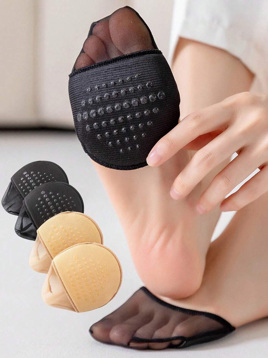 1/4双装女士冰丝半趾袜，防滑硅胶点加厚鞋底，透气夏季隐形内衬袜，适合高跟鞋，黑色杏色，2双装 - 彩色 - 查看 1