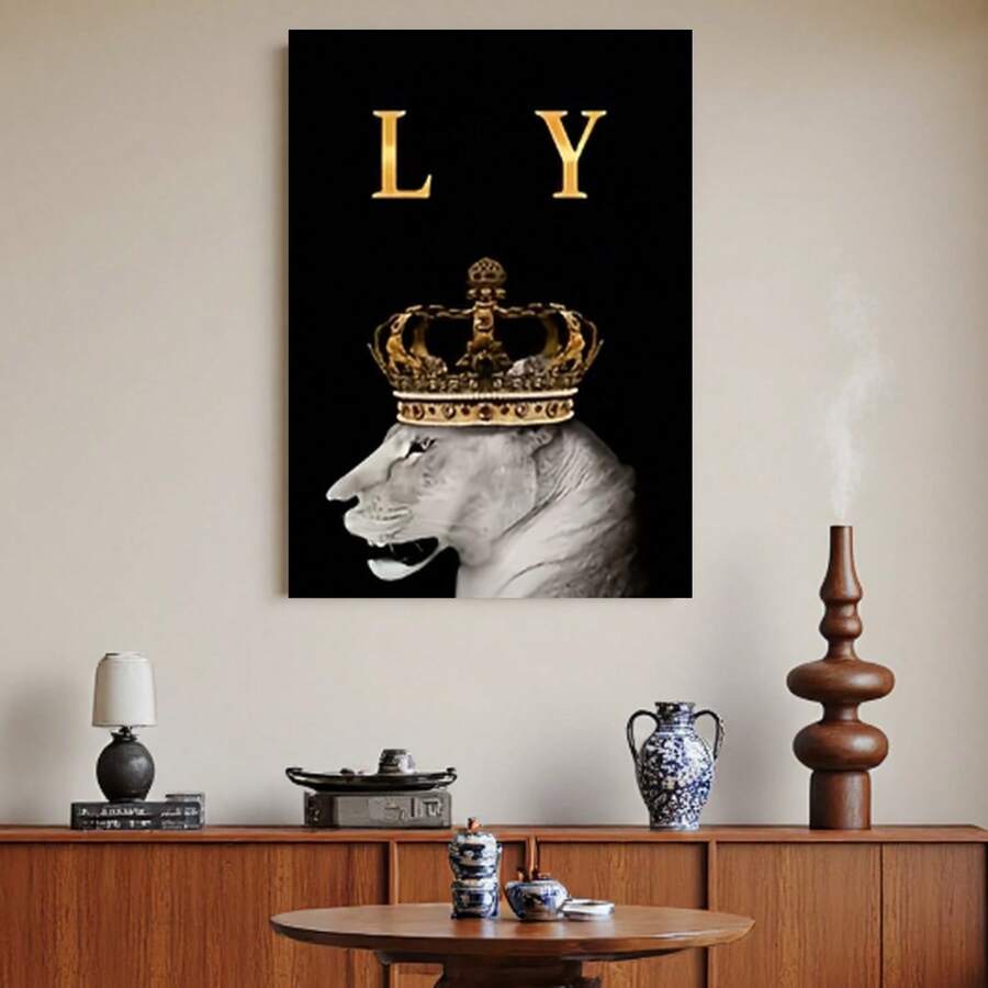 Enmarcado en lienzo enmarcados de una familia de leones - Decoración de pared moderna con arte de leones, ideal para dormitorio, sala de estar u oficina - Elegantes retratos de una familia de leones, idea de regalo perfecta, diseño plano en 2D, perfecto para la decoración de habitaciones. - Enmarcado - Ver 1