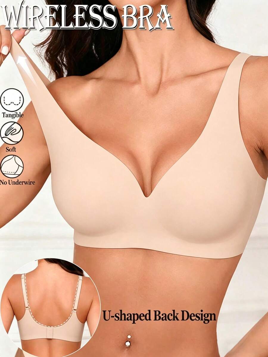 Women's Seamless Removable Pad Wireless Basic Solid Color Lift And Gather Bra - Apricot - View 1