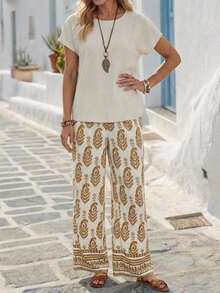 Set de 2 piezas con top de manga corta y pantalón de pierna ancha con estampado geométrico para mujer - Multicolor 3 - Ver 4
