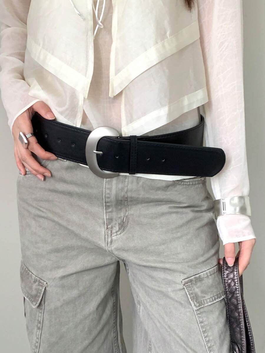 1 pièce Ceinture large en PU noir unicolore, polyvalente et décontractée pour femmes - Noir - Voir 1