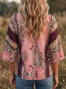 Plus Size Women's Vintage Leopard Print V-Neck 3/4 Sleeve Blouse Pink Spring Summer Vacation - Pink - View 2
