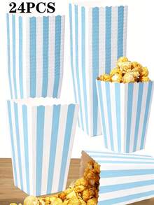 12pcs/24pcs/48pcs Striped Popcorn Boxes - Carnival Party Mini Paper Popcorn And Candy Containers, Movie Night Party Supplies (Blue) Pink, Green, Red - Blue and White Vertical Stripes - View 14