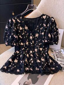Blusa de mujer con cuello en V bordada de estilo romántico francés de manga corta - Negro - Ver 7