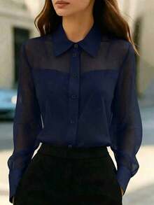 1 pieza Blusa elegante de mujer con parches de malla, adecuada para salidas diarias, ir al trabajo y atuendos de aeropuerto - Azul lavado oscuro - Ver 1