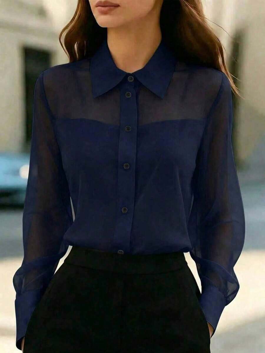 1 pieza Blusa elegante de mujer con parches de malla, adecuada para salidas diarias, ir al trabajo y atuendos de aeropuerto - Azul lavado oscuro - Ver 1
