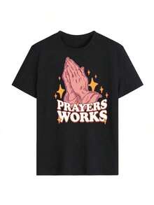 Camiseta de manga corta negra para mujer 2026 - Estampado de manos en oración cristiana y "Prayer Works" - Estilo vintage de ropa urbana de fe - Camiseta casual de verano - Negro - Ver 4