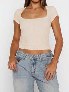 Blusa ajustada y sexy de punto para mujer , camiseta casual de cuello cuadrado de unicolor, primavera/verano - color 2 - Ver 7