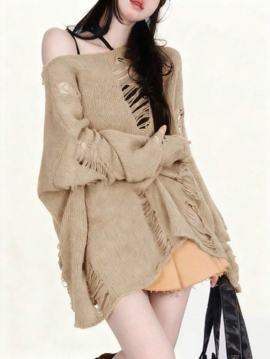 Bộ áo len dệt kim dáng rộng cổ bất đối xứng Niche, áo tay dài dáng rộng khoét lỗ dành cho nữ, mùa thu - Màu kaki - Xem 1