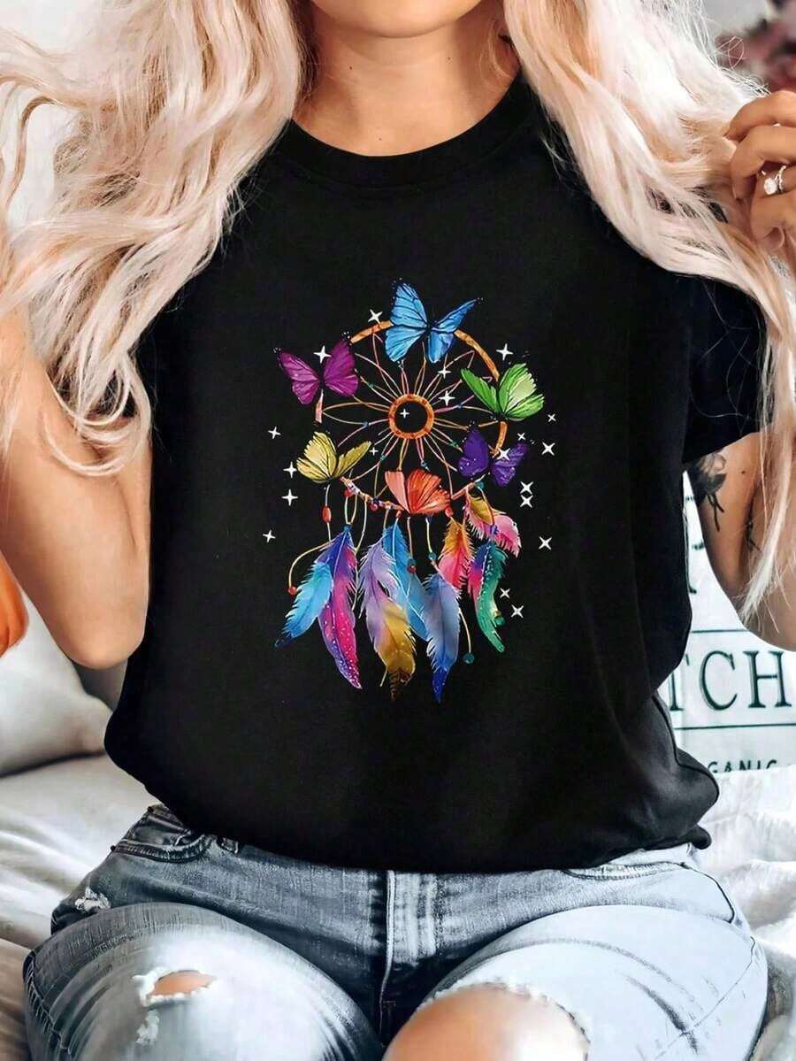 Women's Lightweight And Breathable Cotton Short-Sleeved Crew Neck T-Shirt With 'CIN CIN' Martini Print, Dropped Shoulders, Stylish And Cute, A Wardrobe Essential - 黑色 - 查看 1