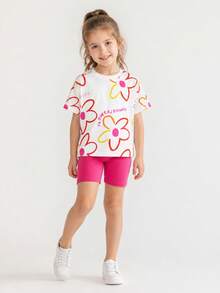 4-8 Years Old Girls Cute Street Style T-Shirt Set - Floral Print T-Shirt + Pink Bike Shorts - Adorable Cool Summer Outfit - Hot Pink - View 3