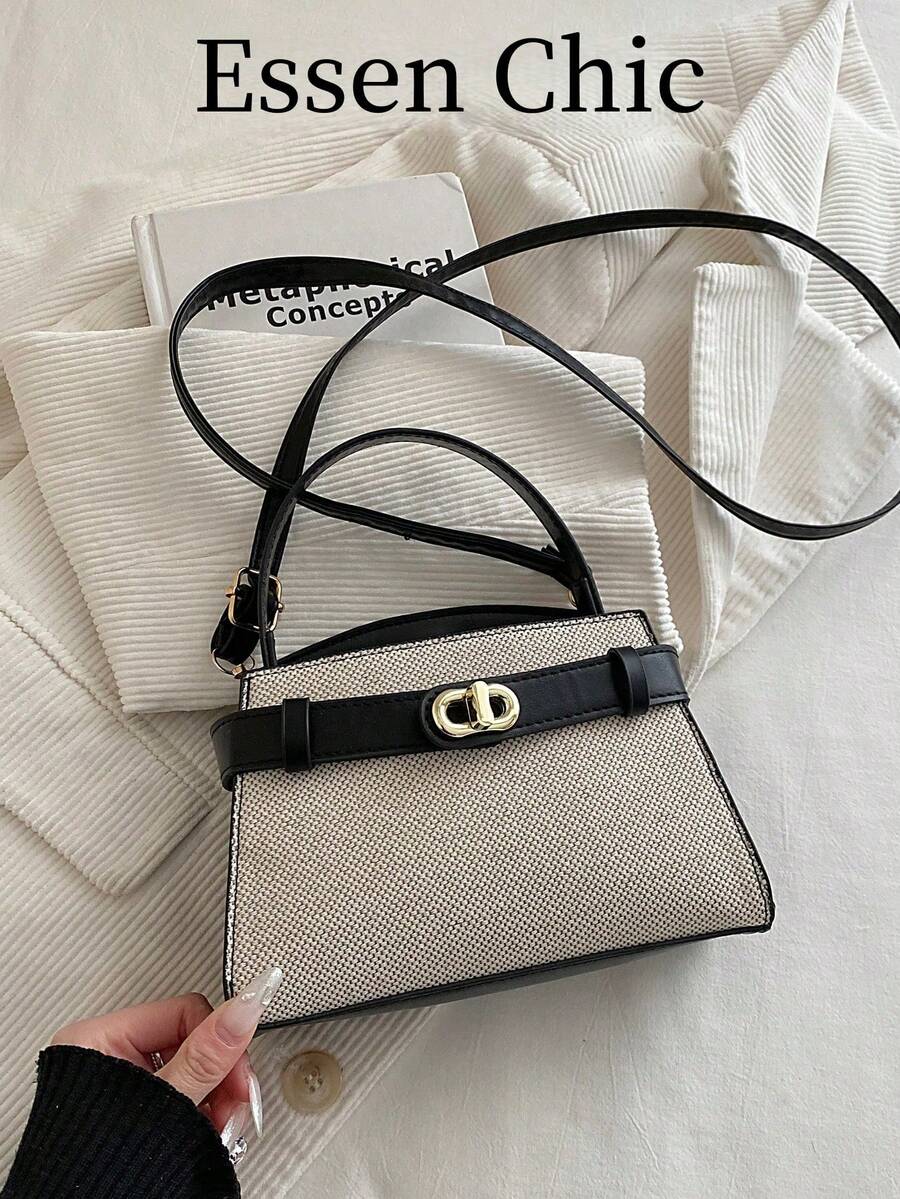 1pc Black Metal Hardware Decor PU Square Handbag, Women's Spring New Shoulder/Crossbody Bag