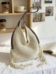 Vintage Hollow Tassel Woven Shoulder Bag, Adjustable Strap, Minimalist Elegant Commuting Tote Bag, Lightweight - White - View 8