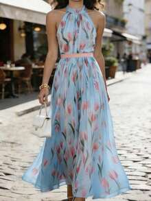 Vestido de mujer con estampado digital, cuello halter y cintura ajustada, adecuado para vacaciones en la playa y viajes - Azul - Ver 4