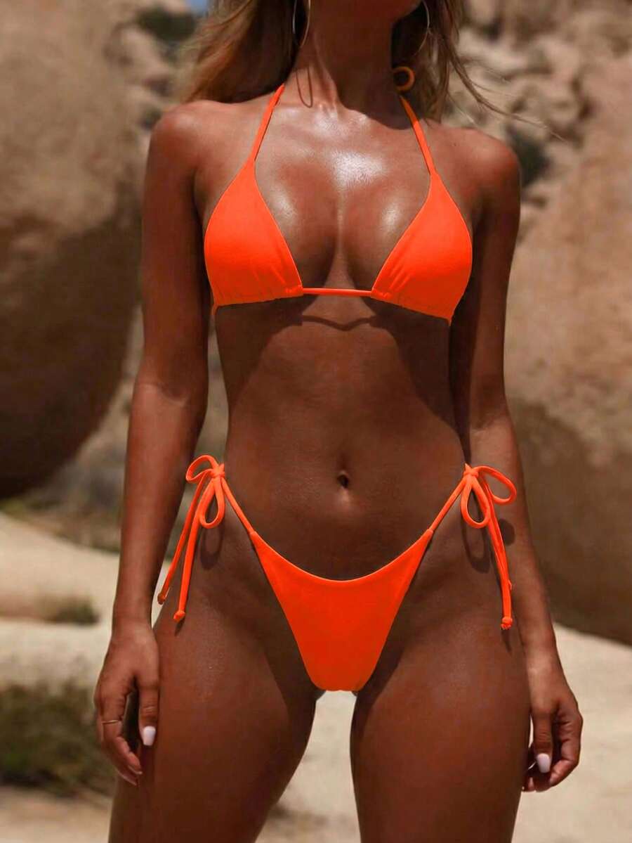 Solid Halter Triangle Bikini Set Bathing Suit, Perfect For Beach Vacation Summer - Orange - View 1