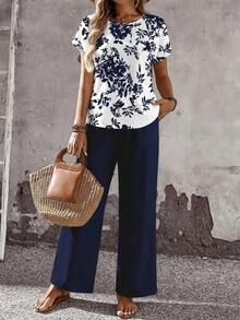 Set de 2 piezas con top de manga corta y pantalón de pierna ancha con estampado geométrico para mujer - Multicolor 8 - Ver 3