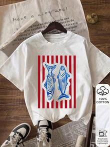 Camiseta de cuello redondo de manga corta casual con estampado de rayas y peces, versátil para el verano - Blanco - Ver 6