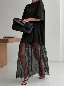 Vestido casual de mujer con parches de encaje de manga corta (sin cinturón), vestido de punto de unicolor con parches de encaje para uso diario, oficina, citas, la longitud y el tamaño se pueden ajustar con un cinturón, el estilo casual es holgado, se sugiere pedir una talla menos.Elegante - Negro - Ver 8