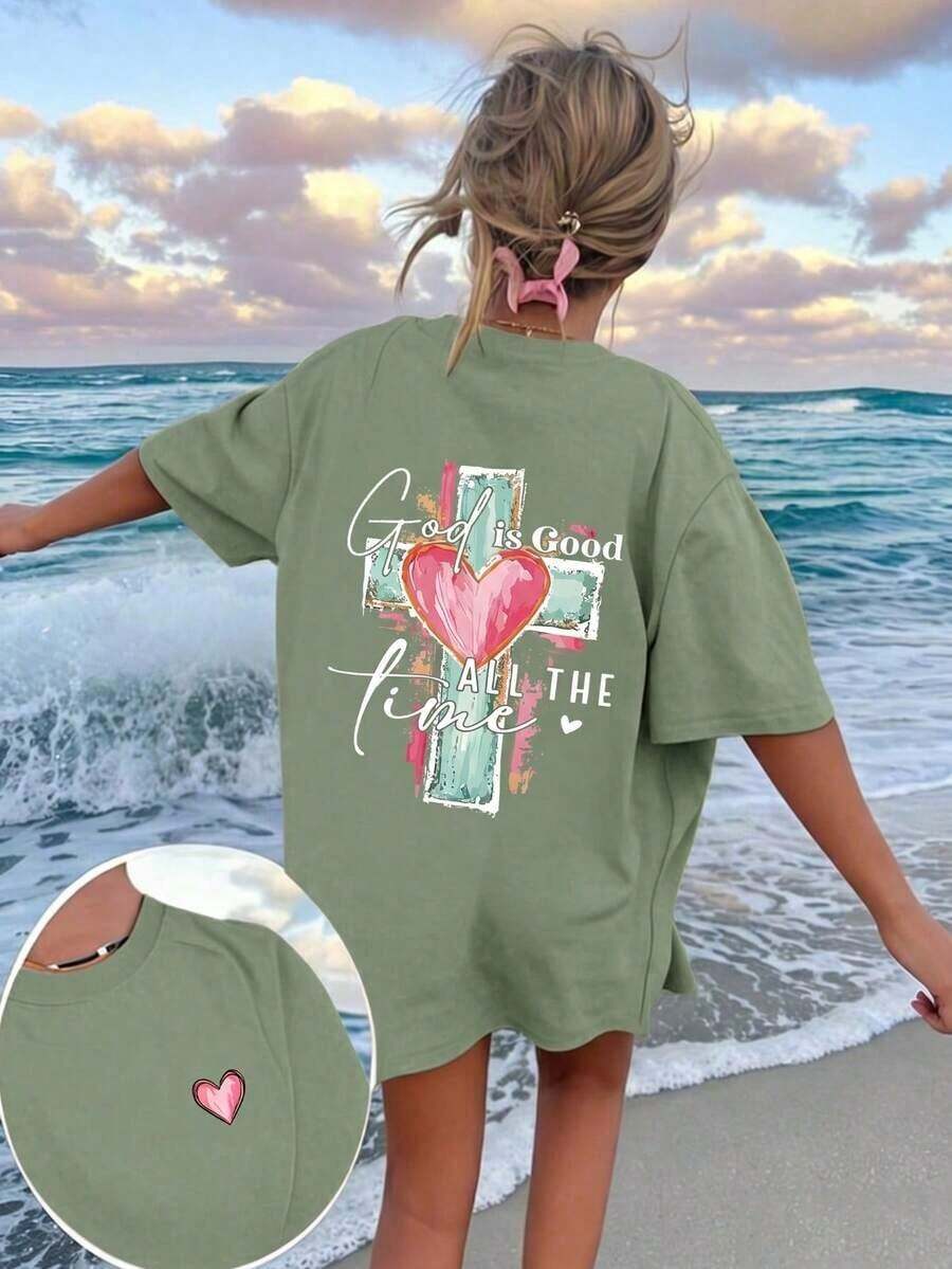 Lightweight Summer T-Shirt With Hand-Drawn Lettering And Cross Print, Christian Religious T-Shirt With The Phrase "God Is Always Good", Casual Short-Sleeve Crew Neck Faith Clothing, White - 橄欖綠 - 查看 1