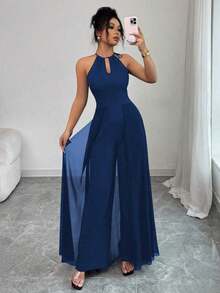 Mono elegante de mujer con cuello en V, cintura ajustable, sin mangas, de gasa con parches, y bajo translúcido - Azul marino - Ver 7