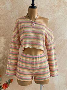 Casual 2-Piece Set Consisting Of A Cropped Top With An Irregular Neckline And Lettuce Hem, And Shorts, In A Solid Color, For Vacation, Spring/Summer - Multicolor 9 - View 11