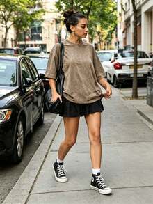 EWH 230g Thick Unisex Washed Vintage Oversized T-Shirt Street Hip Hop Punk Harajuku Casual Cotton Shorts DG004 - 棕色 - 查看 6