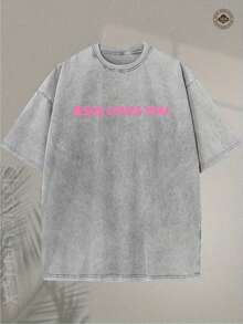 T-Shirt With Intense Washed Effect - T-Shirt With Religious Print 'Jesus Loves You', Lettering In Pink, Green And Pink, Double-Sided Print - Christian Clothing, Unisex Crew Neck T-Shirt, Suitable For Church, Casual Wear, Ideal For Gifting - Machine Washable, Soft Crew Neck (Retro Style, Heavyweight, Unisex). - 淺灰色 - 查看 2