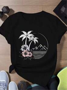 Camiseta de Mujer de Talla Grande, Manga Corta, Estampado Gráfico con Palmeras Tropicales y Flores de Hibisco - Negro - Ver 1