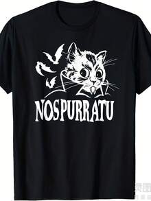 Nos-Purr-Atu Vampire Kitty Cat Gothic T-Shirt For Men And Women - 220 G/M² High Density Pure Cotton With Retro Vampire Kitten Print With Bats And Nosferatu Inspiration - Clothing For Gothic Horror Fans, Unisex T-Shirt - 黑色 - 查看 1