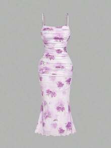 Vestido ajustado de malla con volantes y estampado floral para mujeres, vestidos elegantes para mujeres, ropa de mujer, vintage, ropa hippie, vestido para baile de máscaras - Púrpura malva - Ver 5