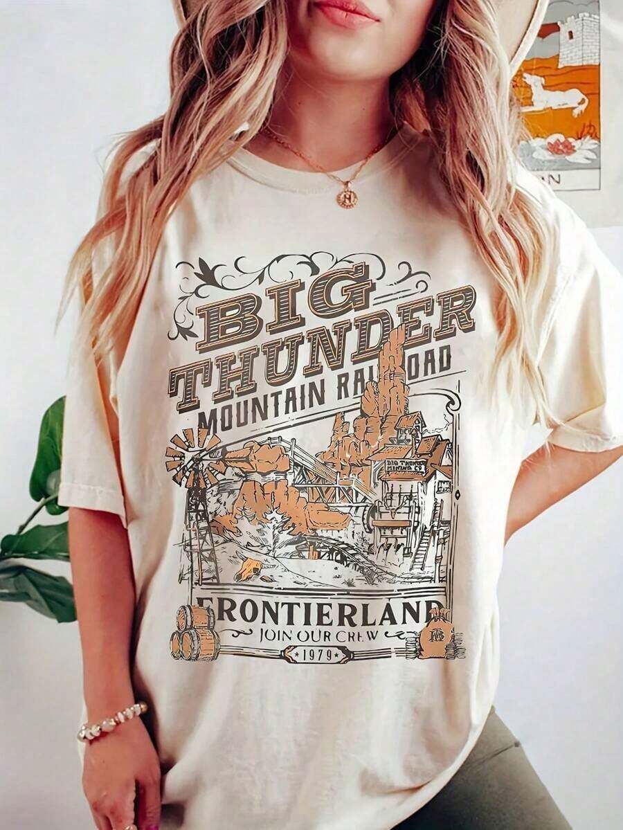 1 pieza Camiseta Casual BIG THUNDER con Estampado de Ferrocarril de Montaña - Cuello Redondo y Manga Corta para Primavera y Verano - Ropa de Mujer 210g 100% Algodón, los diseños están completamente impresos. Unisexo. - Blanco - Ver 1
