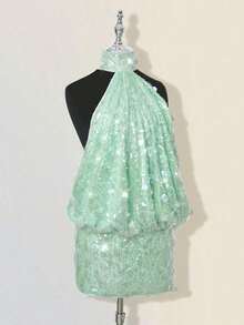 Vestido mini ajustado de cuello alto y espalda descubierta - verde menta - Ver 5