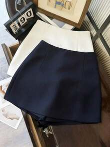 Pantalones cortos/falda/culotte/shorts de mujer de tela suave y texturizada de cintura alta con abertura, de uso versátil y casual, para primavera/otoño - Azul marino - Ver 2