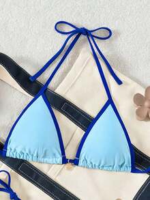 Random Floral Print Bikini Set For Beach Vacation - Blue - View 5