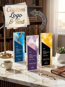 1pc Customized Logo & Text Marble Acrylic Trophy - 10 Personalized Business Award Medals, Customized Name & Company Acrylic Decor, Fluid Art Theme Trophy, Ideal Gift For Employee Recognition, Company Milestone And Business Events, Top Performer, Team And Corporate Client - Multicolor - View 4