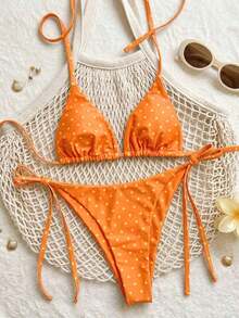 Swim Mod Women's New Solid Color Triangle Cup Bikini Set, Sexy Tie-Up Two Pieces Swimsuit For Summer Beach Vacation - Quả cam - Xem 3