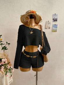 Conjunto de 2 piezas de top y shorts de cuello asimétrico de color sólido para mujer, estilo casual de vacaciones - Negro - Ver 3