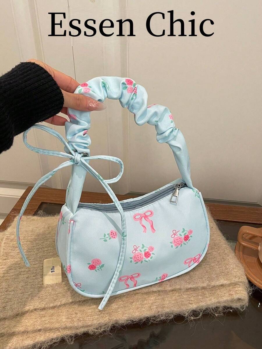 1个蓝色春季新款印花蝴蝶结装饰尼龙法棍包,女士褶皱单肩腋下包 - 藍色 - 查看 1
