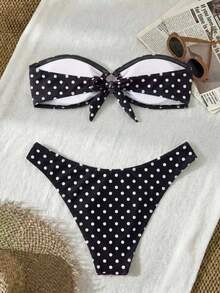 Bộ bikini nữ kiểu retro dễ thương màu đen trắng chấm bi, thiết kế không dây với chi tiết khoét hở gợi cảm, hoàn hảo cho kỳ nghỉ hè ở bãi biển. - Nhiều màu - Xem 3