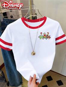 Disney Toy Story Full Role MOM Letter Decoration Parent-Child Wind Printing Design Sense Off The Shelf Ladies Contrast Red Edge Round Neck Short-Sleeved T-Shirt Red And White Neckline And Cuffs Stitching Casual Ovsivintage Women's Blouse Daily Outdoor Leisure Wear, Suitable For Spring And Summer Women's Wear, Disney Short Sleeves, Summer Women's Wear, Officially Authorized Disney T-Shirts, Disney Spring And Summer Men's And Women's Fashion Short-Sleeved T-Shirts, Unisex, Couple Shirts, Gifts. - trắng - Xem 2