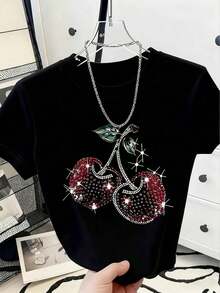 Women's Cropped T-Shirt, Cherry Print, Heat Transfer Print, Y2K Style, Baby Tee, Fitted Cropped T-Shirt, Suitable For Casual Daily Wear Or Parties, Top For Young And Stylish Women, Printed T-Shirt, Versatile Top For Daily Wear In Spring And Summer, Breathable. - 2 - 查看 6