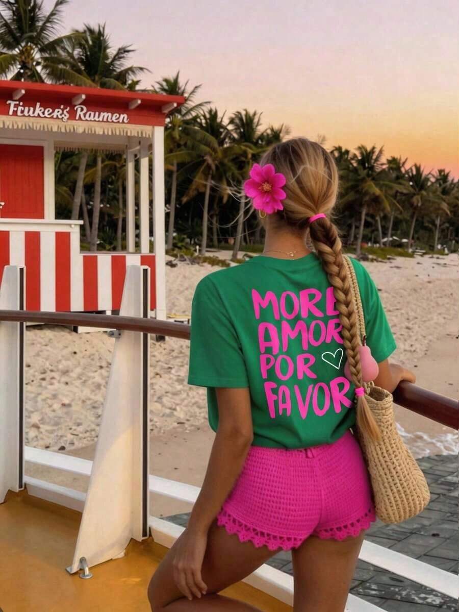 Camiseta de mujer, camiseta gráfica de manga corta de estilo casual de calle, linda blusa de verano - Verde 3 - Ver 1